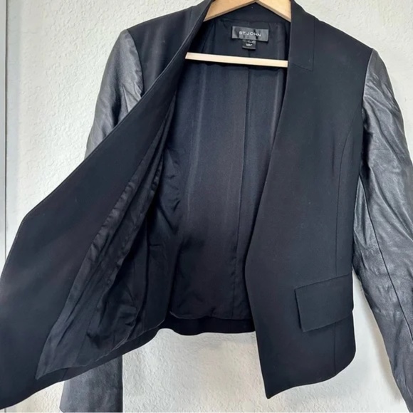 St. John Caviar Black Lamb Leather Open Front Blazer Jacket - Picture 10 of 16